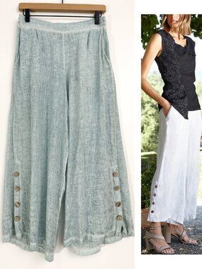 INIZIO Wide Leg Linen Button Crop Pant